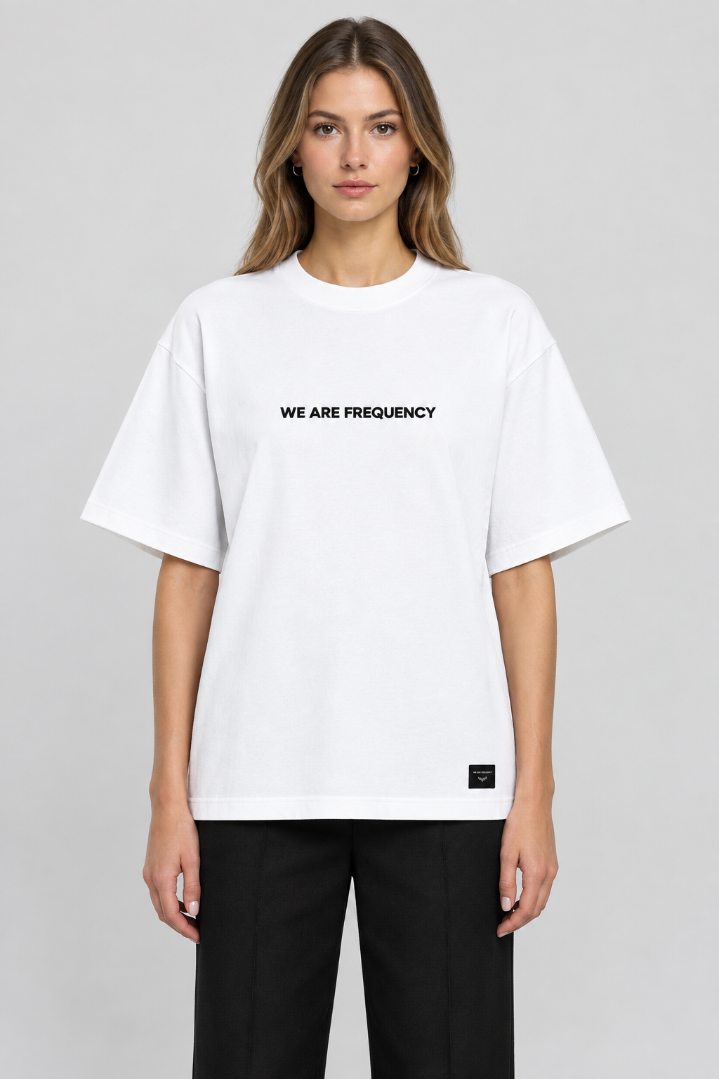 White Statement Tee front on model
